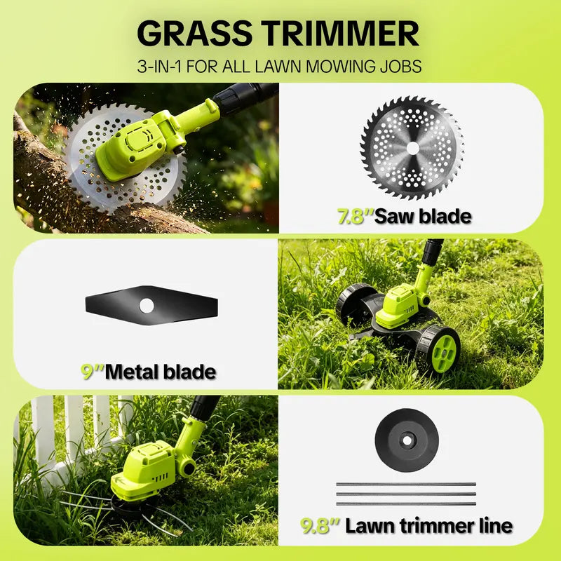 🌿 21V Cordless 3-in-1 Grass Trimmer, Edger & Mini Lawn Mower with 2 Batteries 🔋