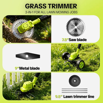 🌿 21V Cordless 3-in-1 Grass Trimmer, Edger & Mini Lawn Mower with 2 Batteries 🔋