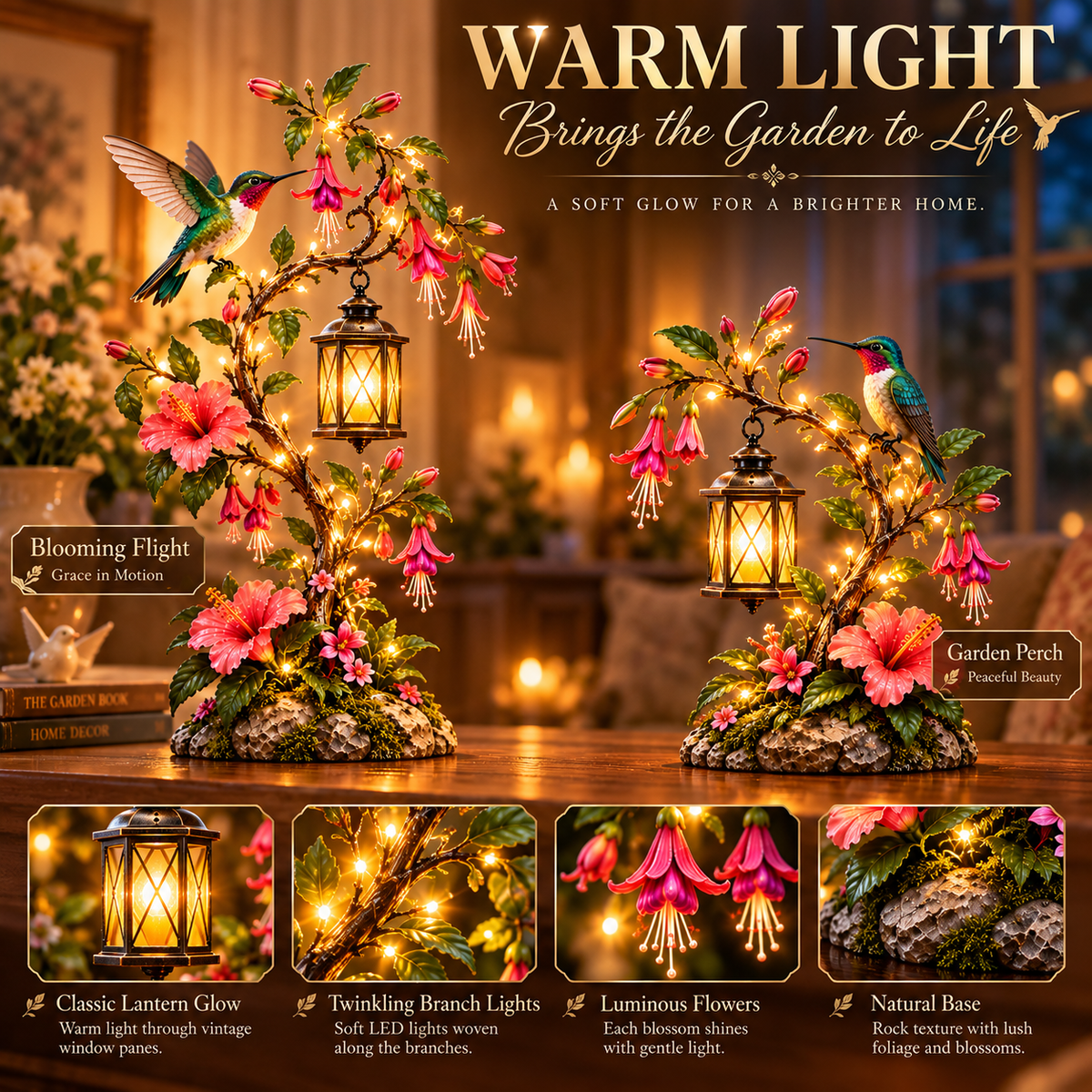 ⏰Limited Stock 50% OFF - 🌺 Hummingbird Garden Lantern Light | Lighted Floral Table Decor