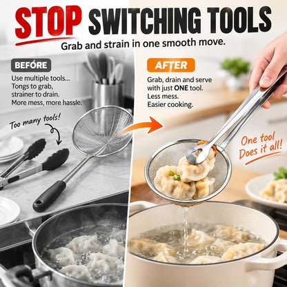 🔥2-in-1 Stainless Steel Strainer Tongs – Grab, Drain & Serve with One Tool