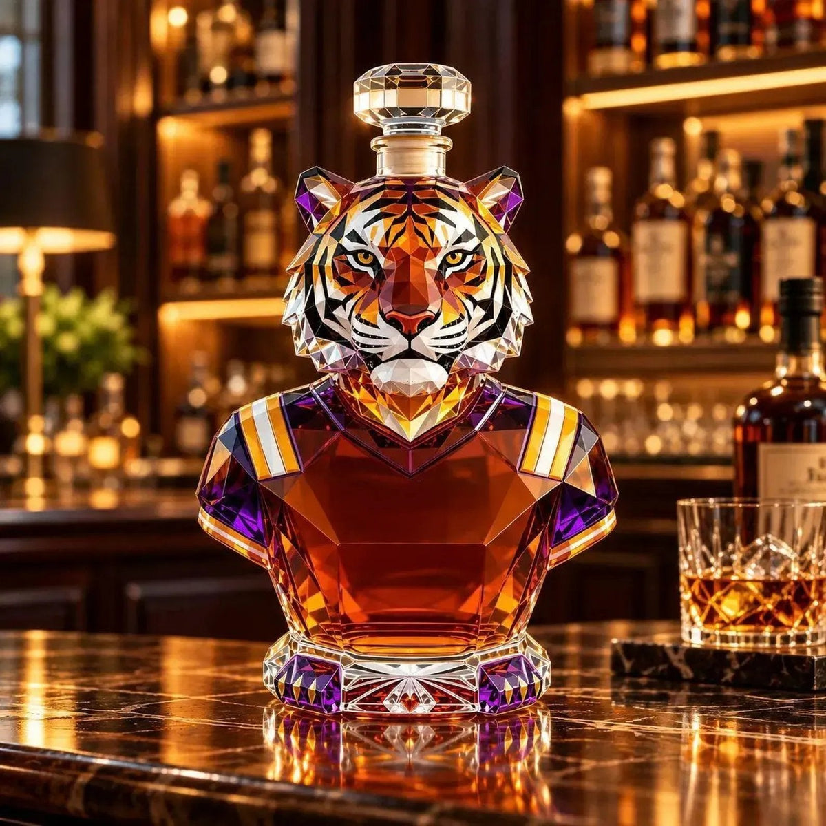 🐅 Geometric Crystal Tiger Whiskey Decanter – Purple & Gold Collector’s Bar Centerpiece