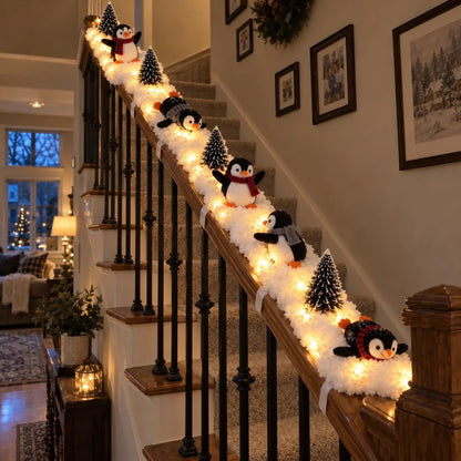 🐧 5-Piece Lighted Penguin Christmas Staircase Railing Decoration with Snowy Trees 🎄