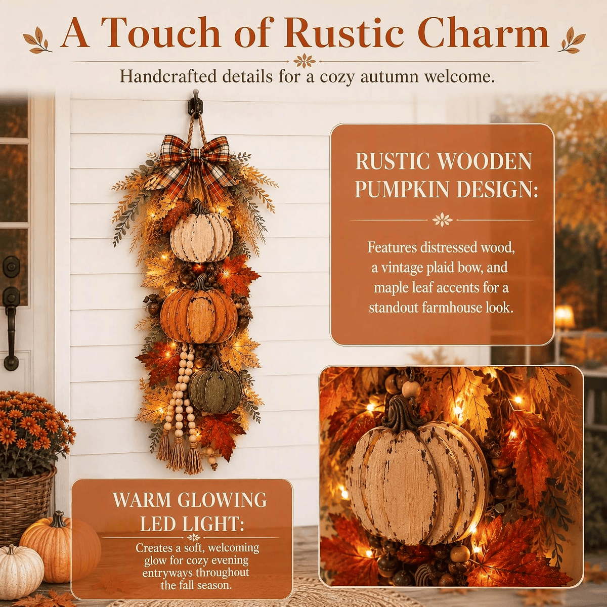 🎃 Lighted Rustic Wooden Pumpkin Door Hanger – Farmhouse Fall Porch & Thanksgiving Decor