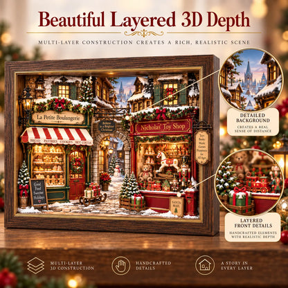 🎄 Old World Christmas 3D Wooden Shadow Box Snowy Village Holiday Keepsake Decor 🎁