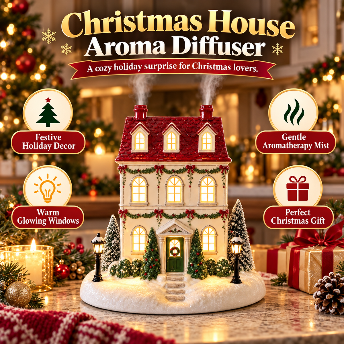 🎄 Christmas Village House Essential Oil Aroma Diffuser with Warm Glowing Chimney Mist 🎁