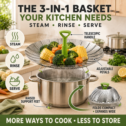 🥦 48% OFF 3-in-1 Adjustable Folding Steamer Basket ✨ Steam, Rinse & Serve with Ease