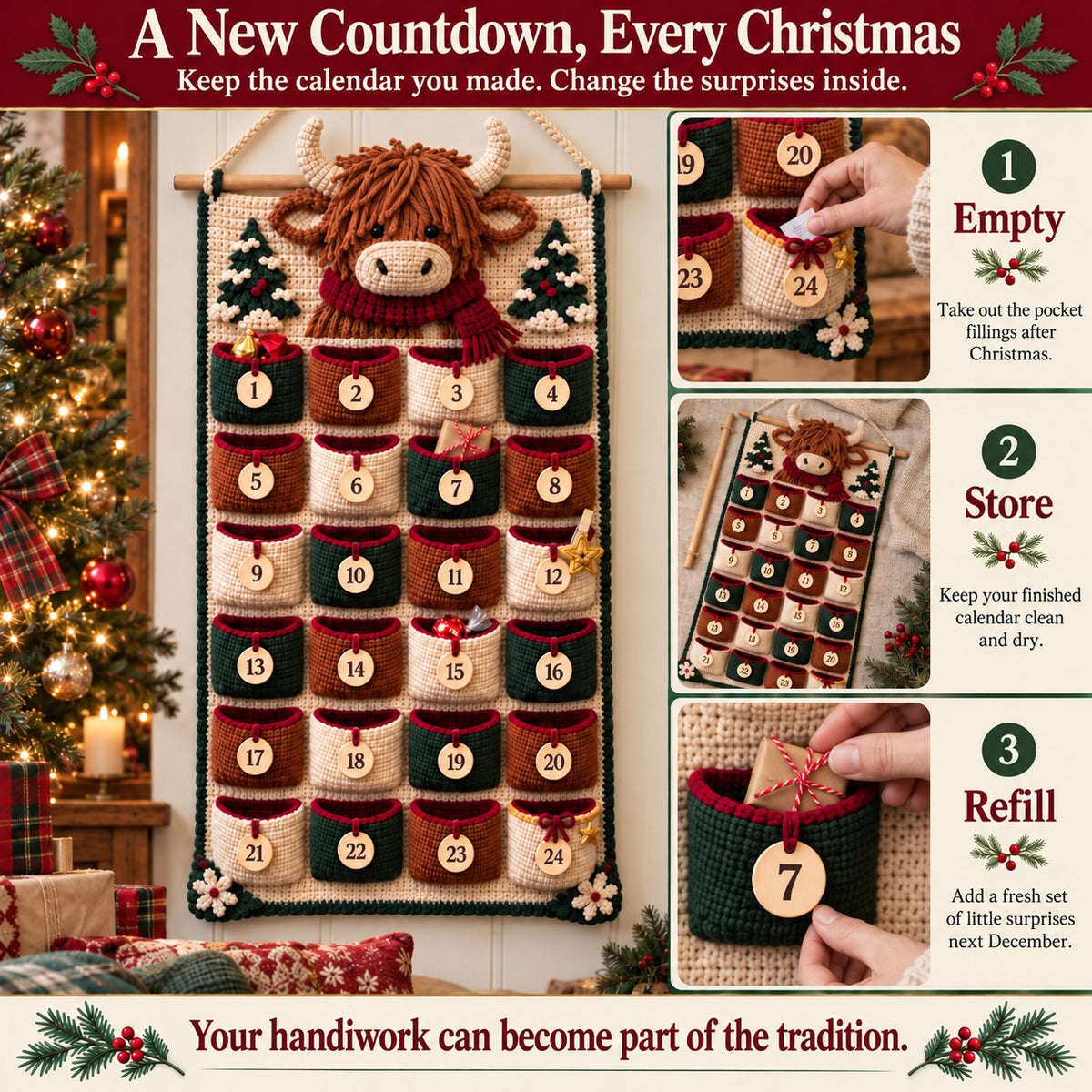⏳ Last Day 49% OFF – 🎄 24-Pocket DIY Christmas Crochet Advent Calendar Kit with Moveable Star Marker 🧶