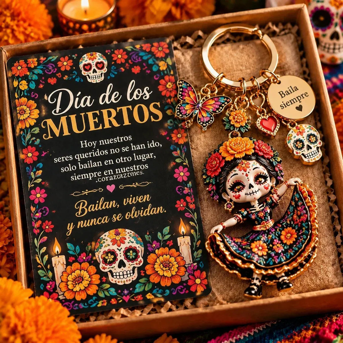 🌼 Día de Muertos Charm Keychain | 4 Colorful Floral & Skull-Inspired Styles