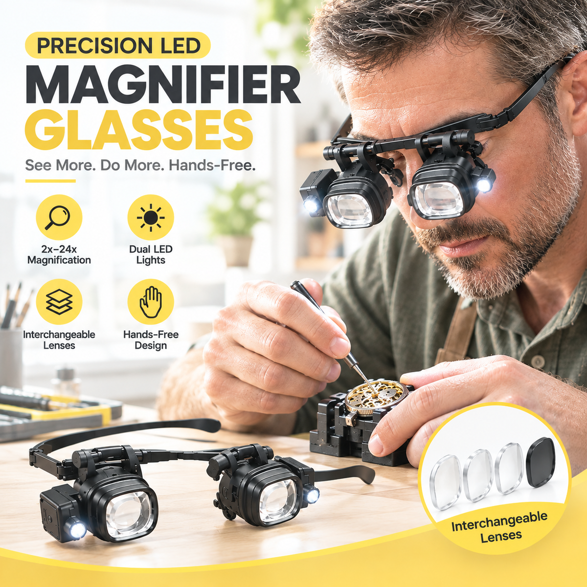 🔬LAST DAY SALE 49%OFF✨ Precision LED Magnifier Glasses – Interchangeable Lenses, Dual LED, Hands-Free 💡