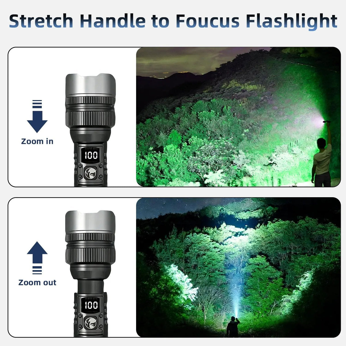 🔦⚡ 2-in-1 Rechargeable High-Power Flashlight – Digital Power Display, Zoomable Beam & Adjustable Brightness
