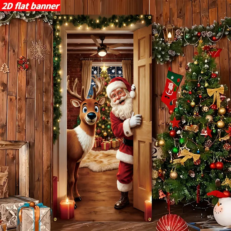 🎅55% OFF Santa & Reindeer Christmas Door Banner – Realistic 2D-Effect Holiday Decor