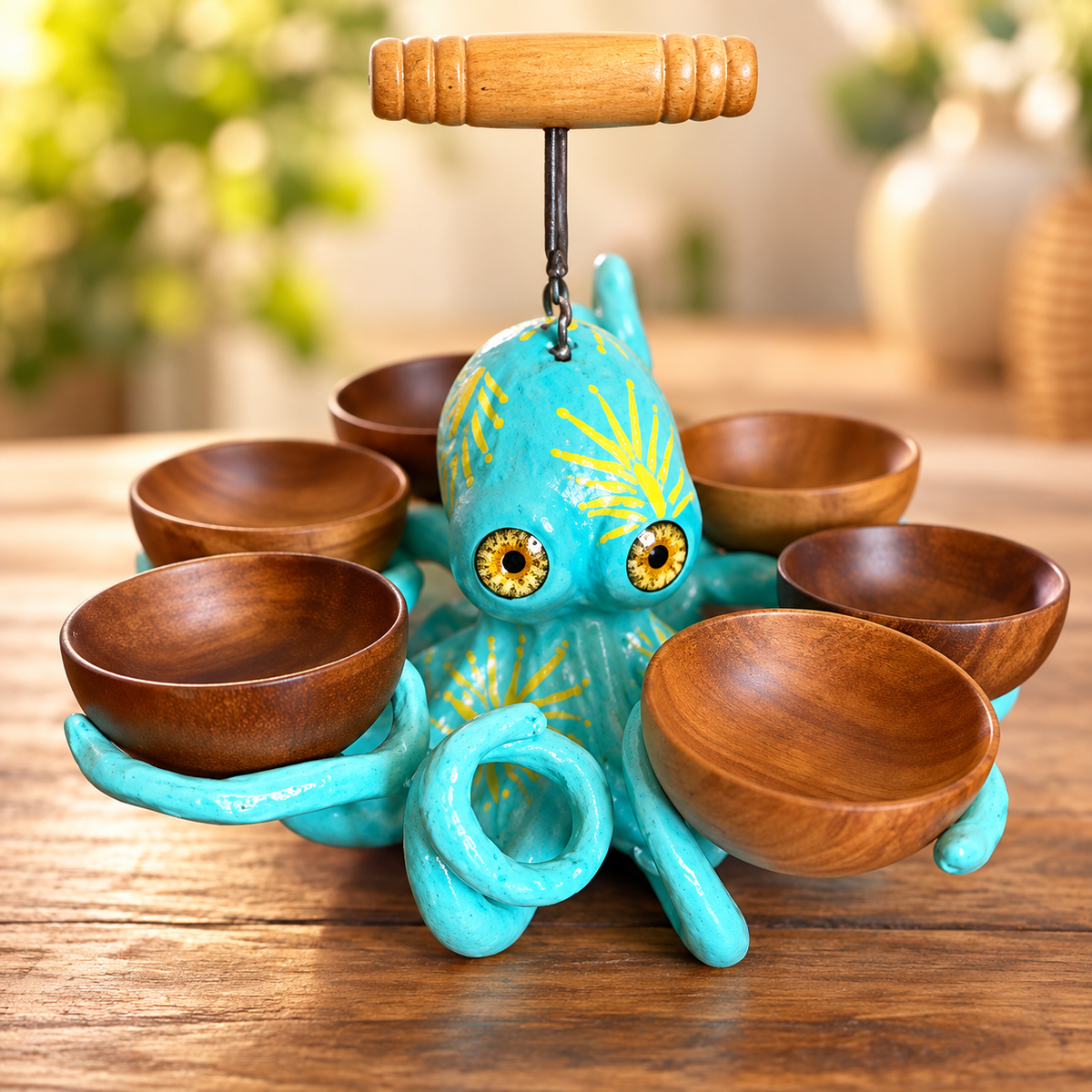 🐙 Handmade Coastal Octopus Snack Server & Divided Dip Bowl Tabletop Centerpiece 🍿