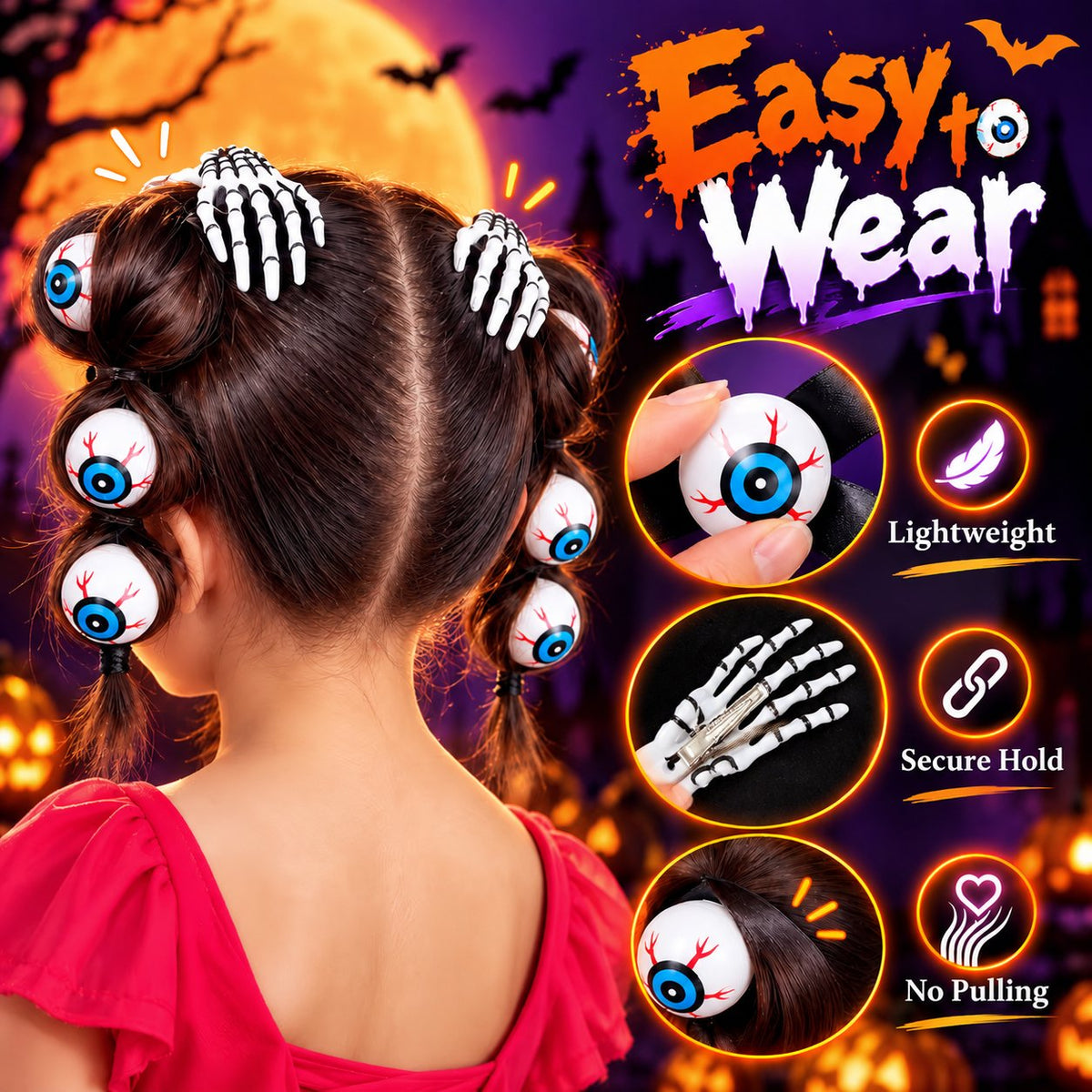 💀Halloween Skeleton Hand Hair Clips & Bloody Eyeball Hair Ties