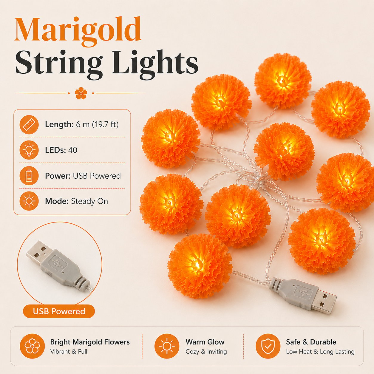 🎃 40% OFF Today 🌼 Orange Marigold LED String Lights – Light Up Your Halloween with a Warm Floral Glow ✨