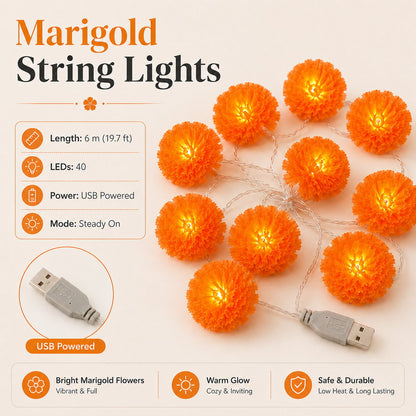 🎃 40% OFF Today 🌼 Orange Marigold LED String Lights – Light Up Your Halloween with a Warm Floral Glow ✨