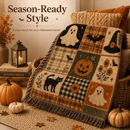 🎃 50% OFF Vintage Halloween Woven Throw 🍂 12-Tile Jacquard Blanket with Fringe