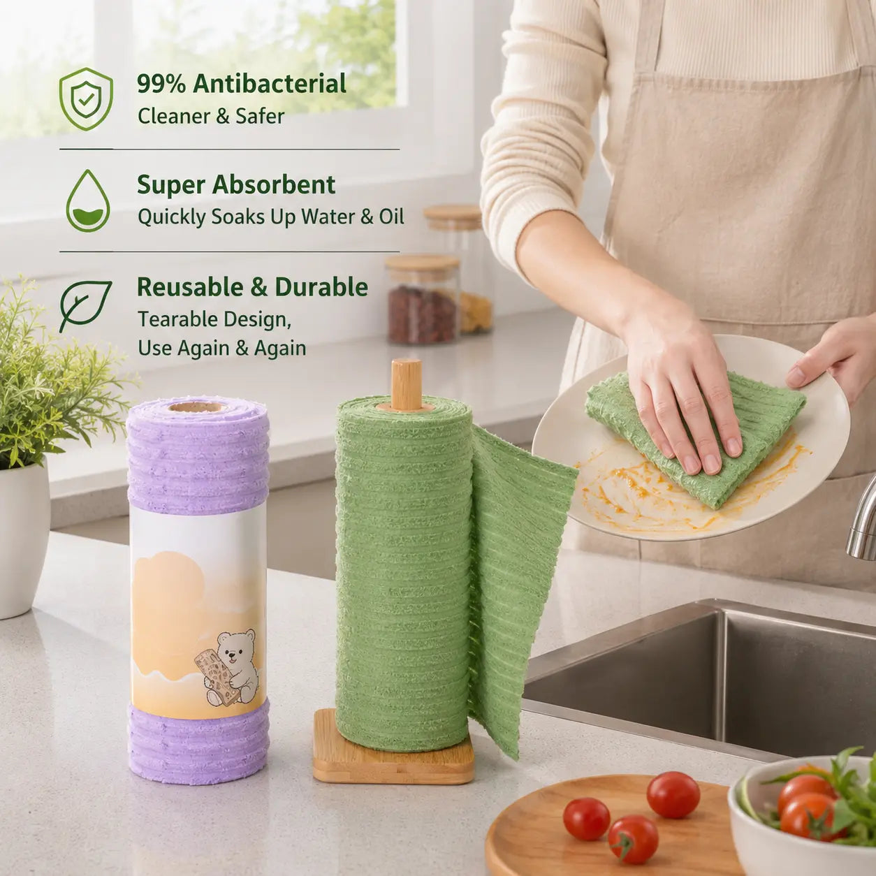 🔥 50% OFF Tearable Reusable Cleaning Cloth Roll 🧽 Washable & Super Absorbent for Kitchen & Home