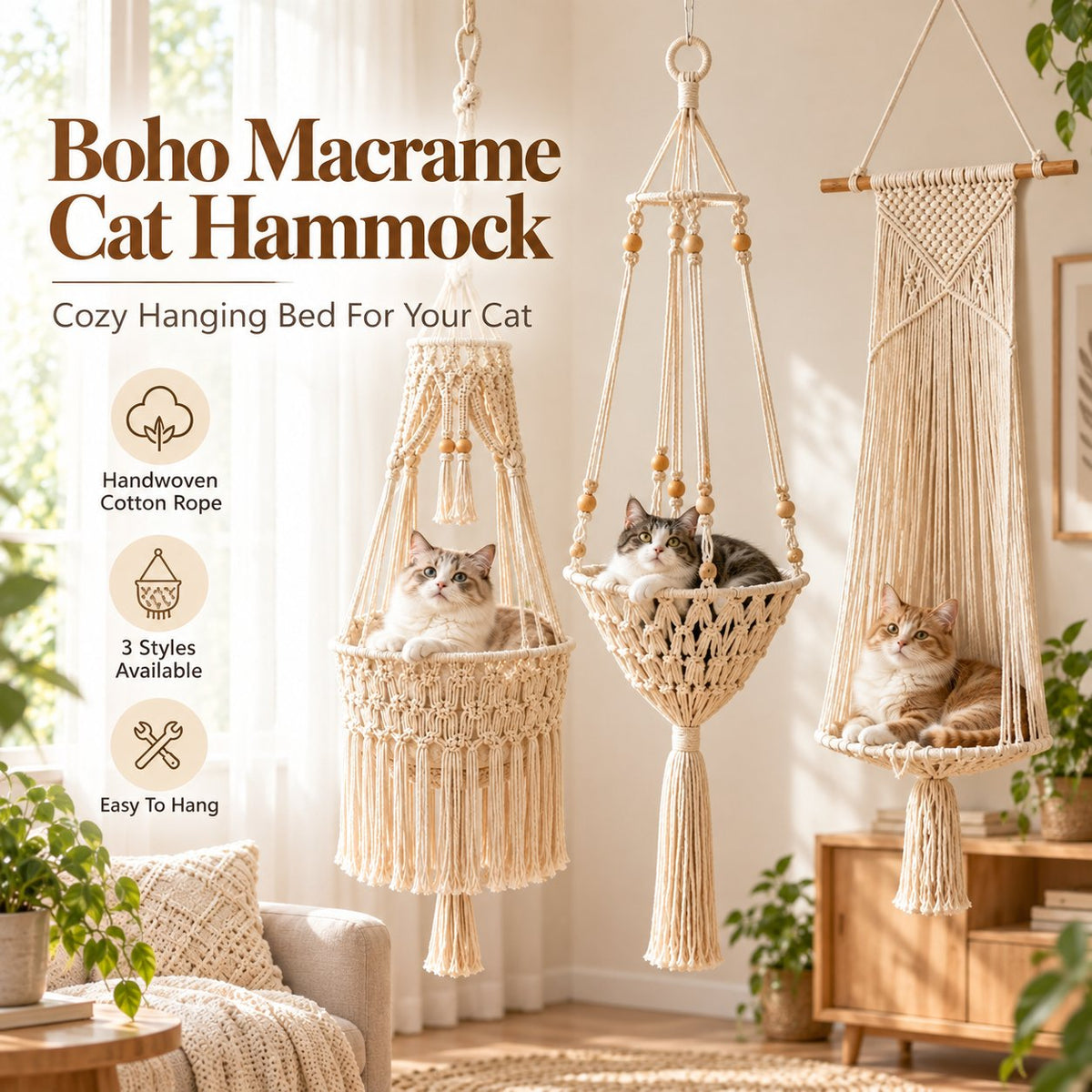 🔥 50% OFF Boho Macrame Cat Hammock 🐱 Cozy Hanging Bed for Cats