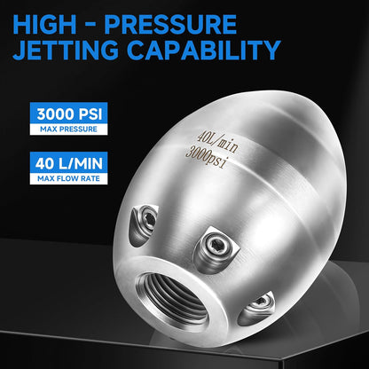 💦 3000 PSI 40 L/Min 3/8''  NPT Stainless Steel Sewer Jetter Nozzle for Pressure Washers