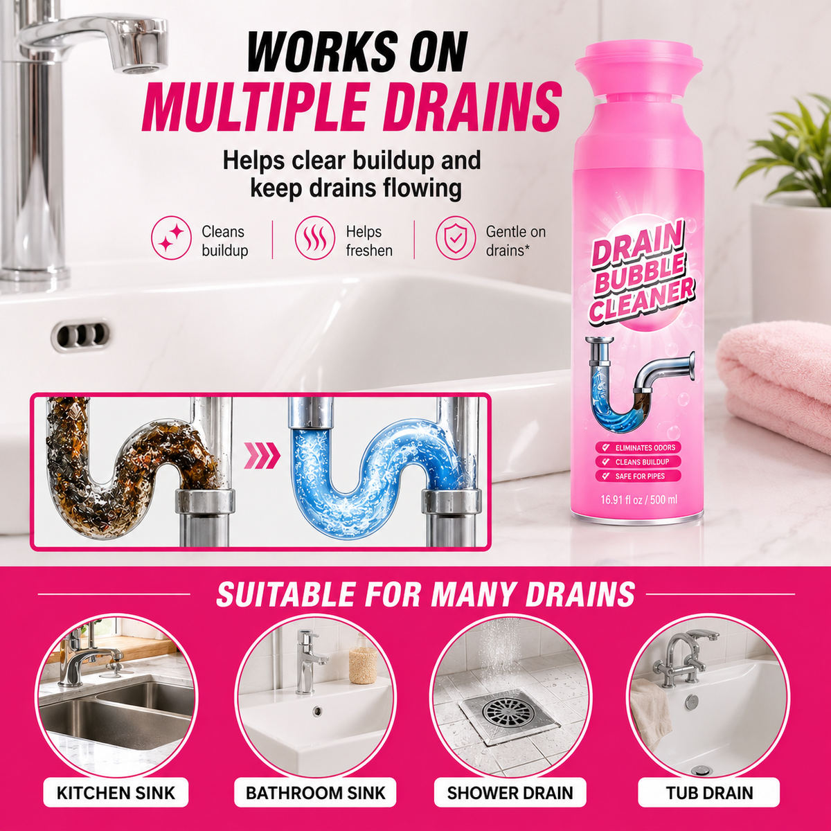 🫧 49% OFF Foaming Drain Bubble Cleaner ✨ Helps Clear Buildup & Freshen Smelly Drains