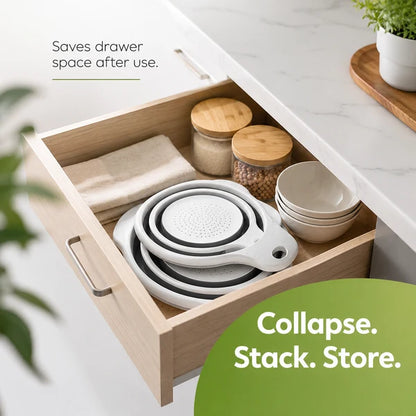 🔥 49% OFF 3-Piece Collapsible Colander Set 🥗 Self-Draining Silicone Kitchen Strainer