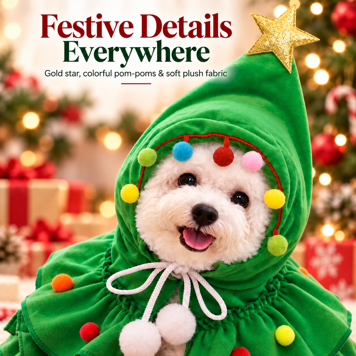 🎄 Christmas Tree Pet Cape Costume with Gold Star & Pom-Poms for Dogs & Cats 📸