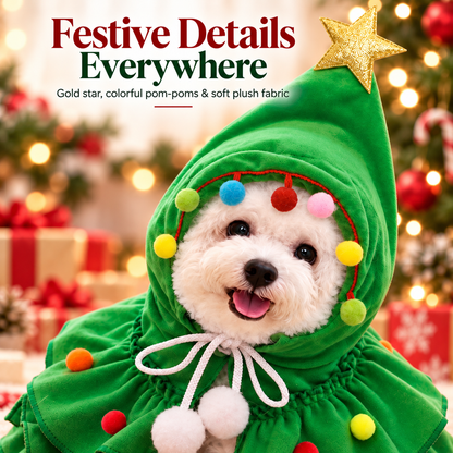 🎄 Christmas Tree Pet Cape Costume with Gold Star & Pom-Poms for Dogs & Cats 📸