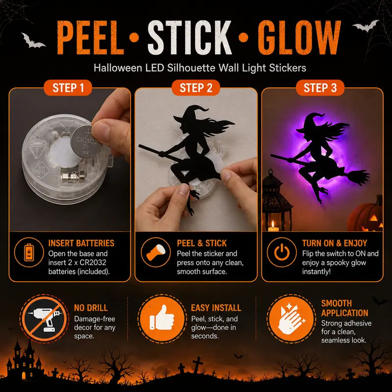 Battery-operated LED Halloween silhouette wall sticker—peel-and-stick decorative light.