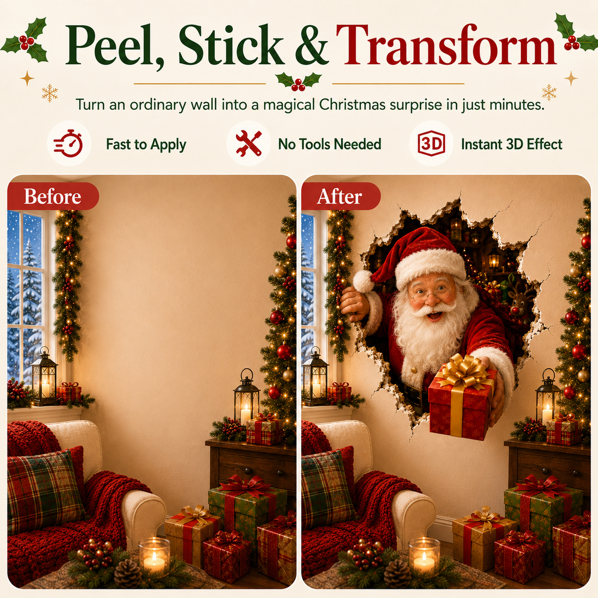 🔥Last Day 50% OFF-19.7'' 🎄 3D Christmas Break-In Wall Decal Peel and Stick Holiday Home Decor 🎅