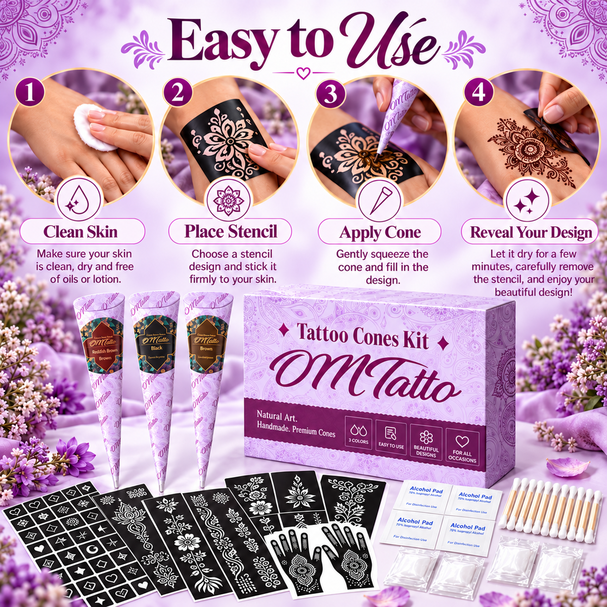 🌸 Henna Tattoo Kit with Stencils – Temporary Body Art Cones for Hands & Creative Designs ✨
