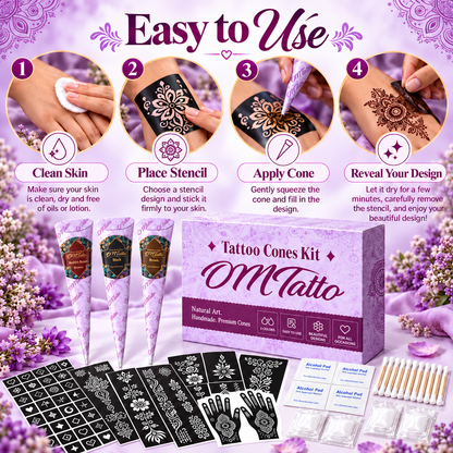 🌸 Henna Tattoo Kit with Stencils – Temporary Body Art Cones for Hands & Creative Designs ✨