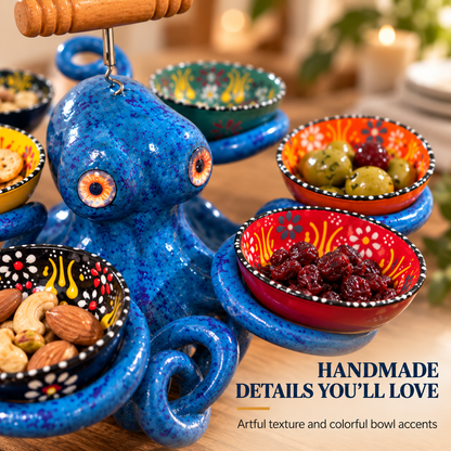 🐙 Handmade Coastal Octopus Snack Server & Divided Dip Bowl Tabletop Centerpiece 🍿