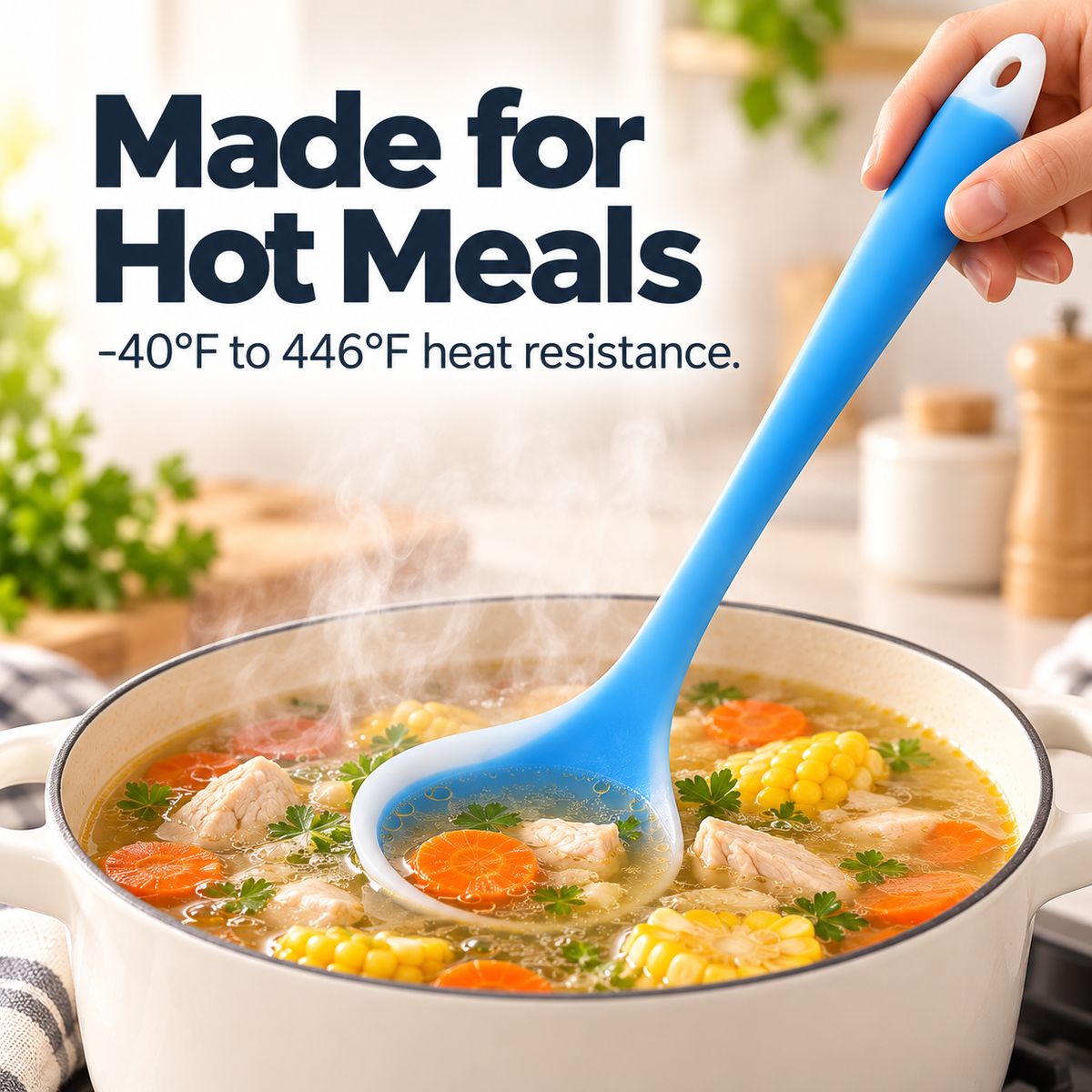 🥣 Heat-Resistant Flexible Silicone Kitchen Soup Ladle with Non-Stick Scraping Edge 🍳