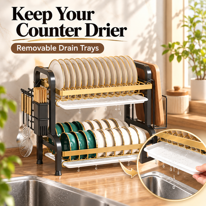 🍽️ Space-Saving 2-Tier Dish Drainer With Removable Drip Trays