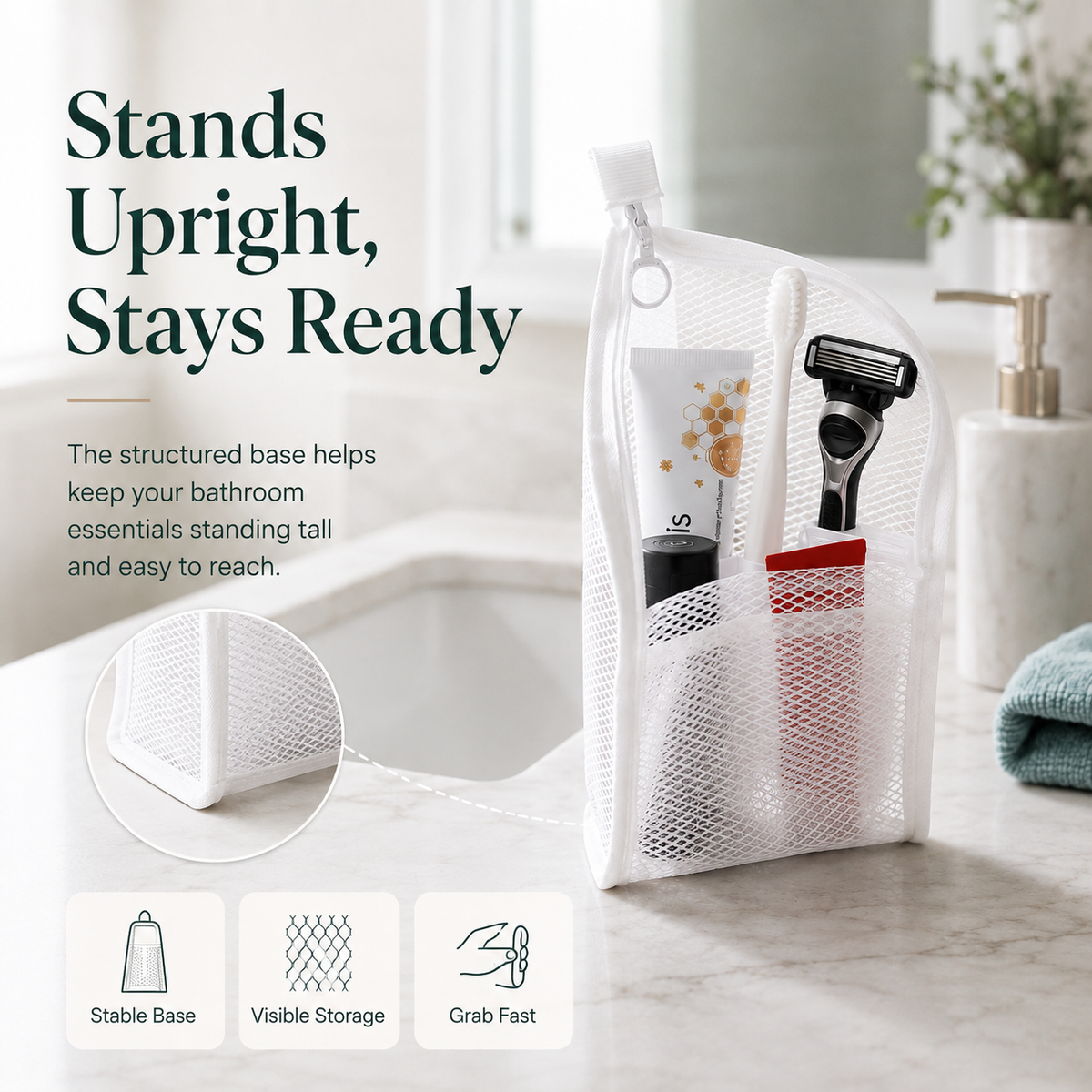 🧼 48% OFF Quick-Dry Mesh Bathroom Organizer – Self-Standing Toiletry Storage Bag