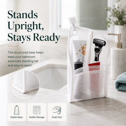 🧼 48% OFF Quick-Dry Mesh Bathroom Organizer – Self-Standing Toiletry Storage Bag