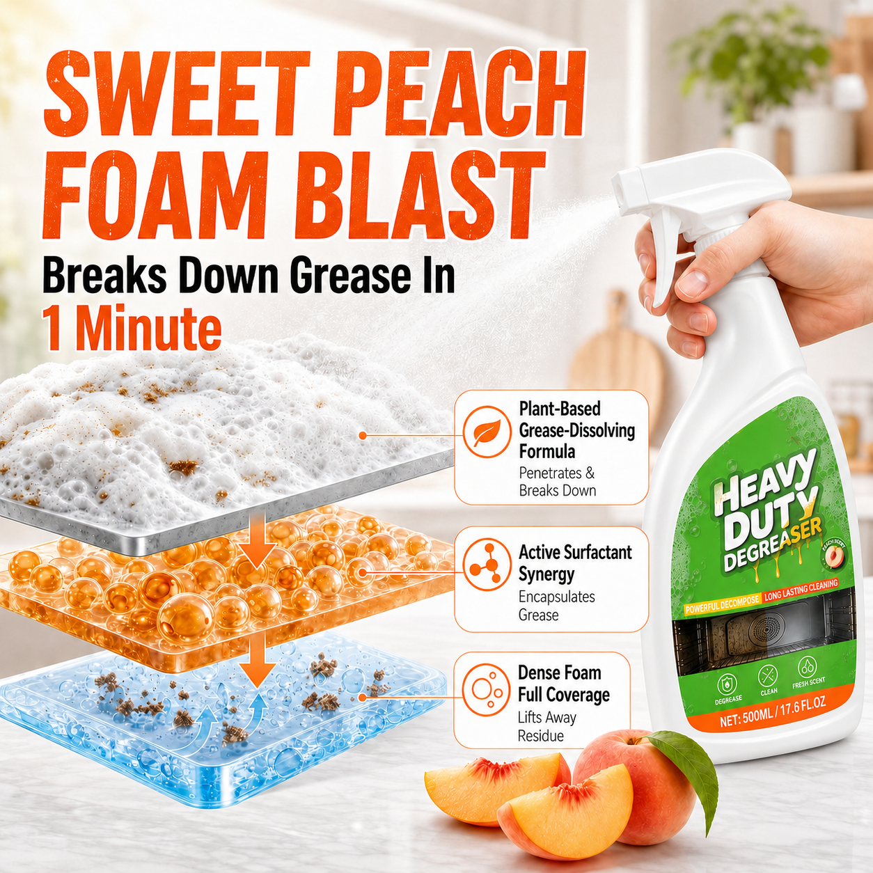 🔥 50% OFF Heavy Duty Kitchen Degreaser 🍑 Powerful Grease Cleaning with Fresh Peach Scent