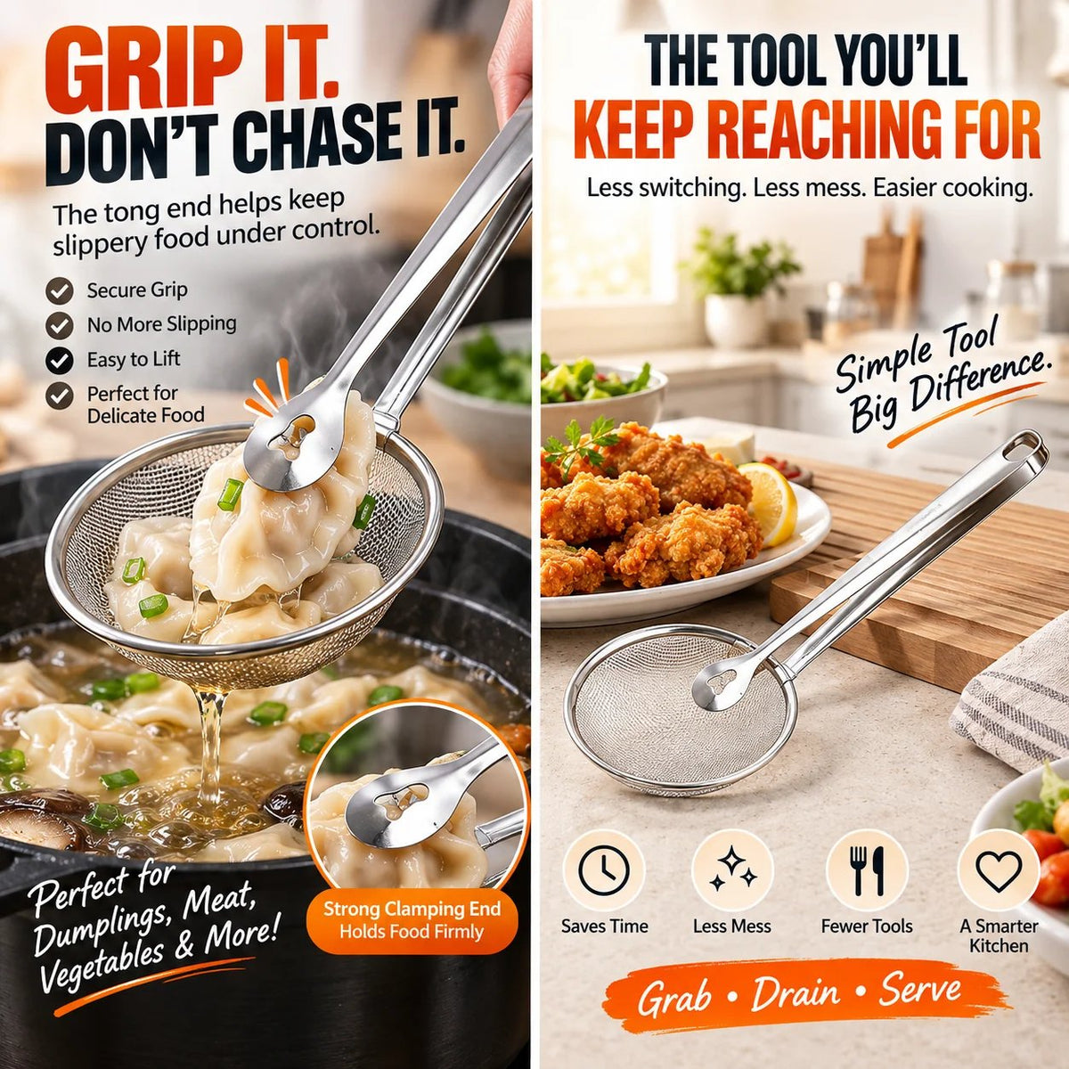 🔥2-in-1 Stainless Steel Strainer Tongs – Grab, Drain & Serve with One Tool