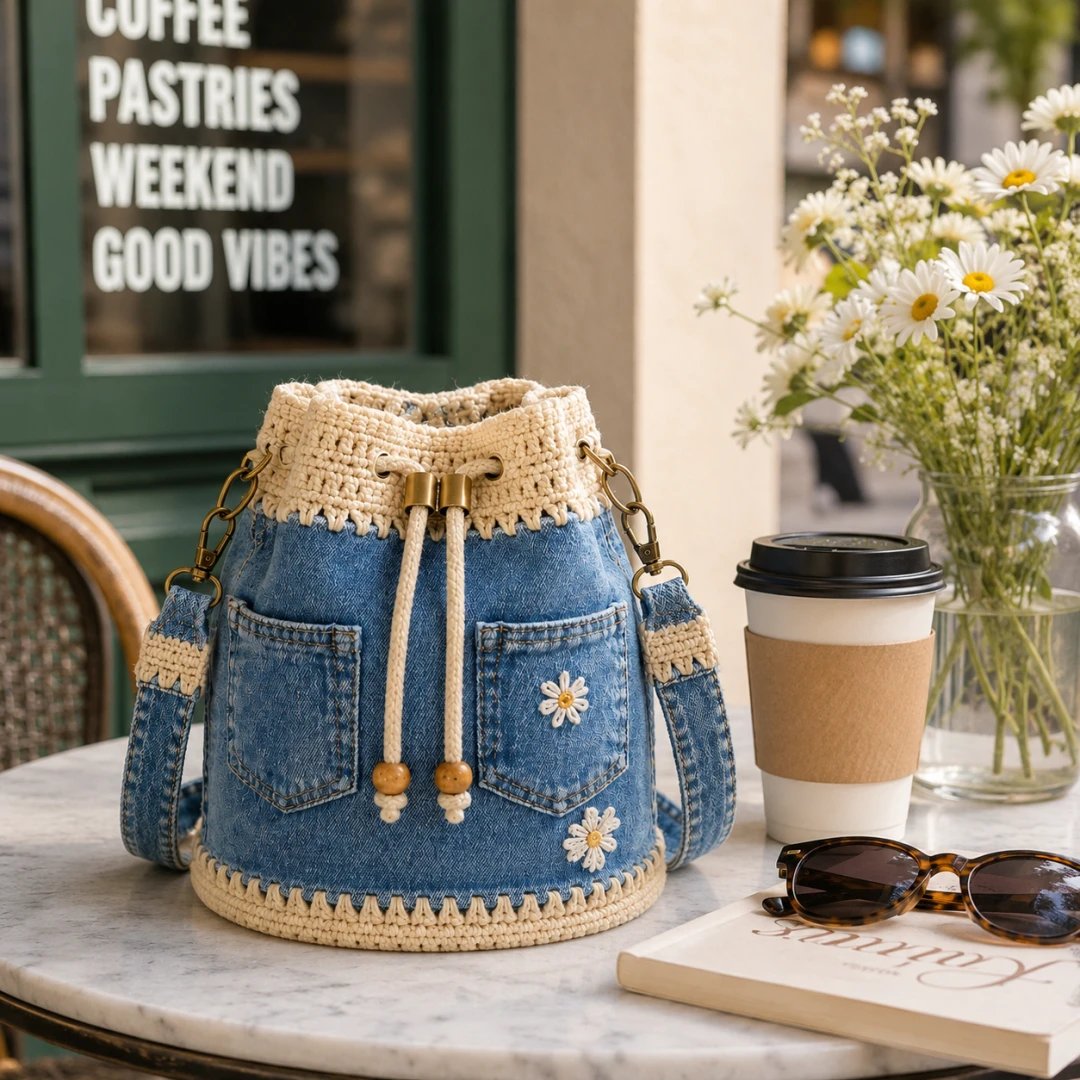🔥 Top Back-to-School Picks - 👜 Denim Crochet Bucket Bag