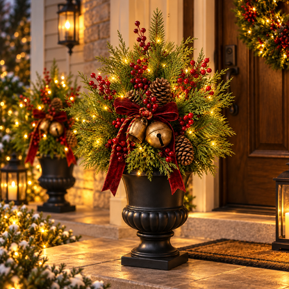 🎄 24" Pre-Lit Christmas Urn Filler 🔔 Vintage Bells & Rustic Farmhouse Charm