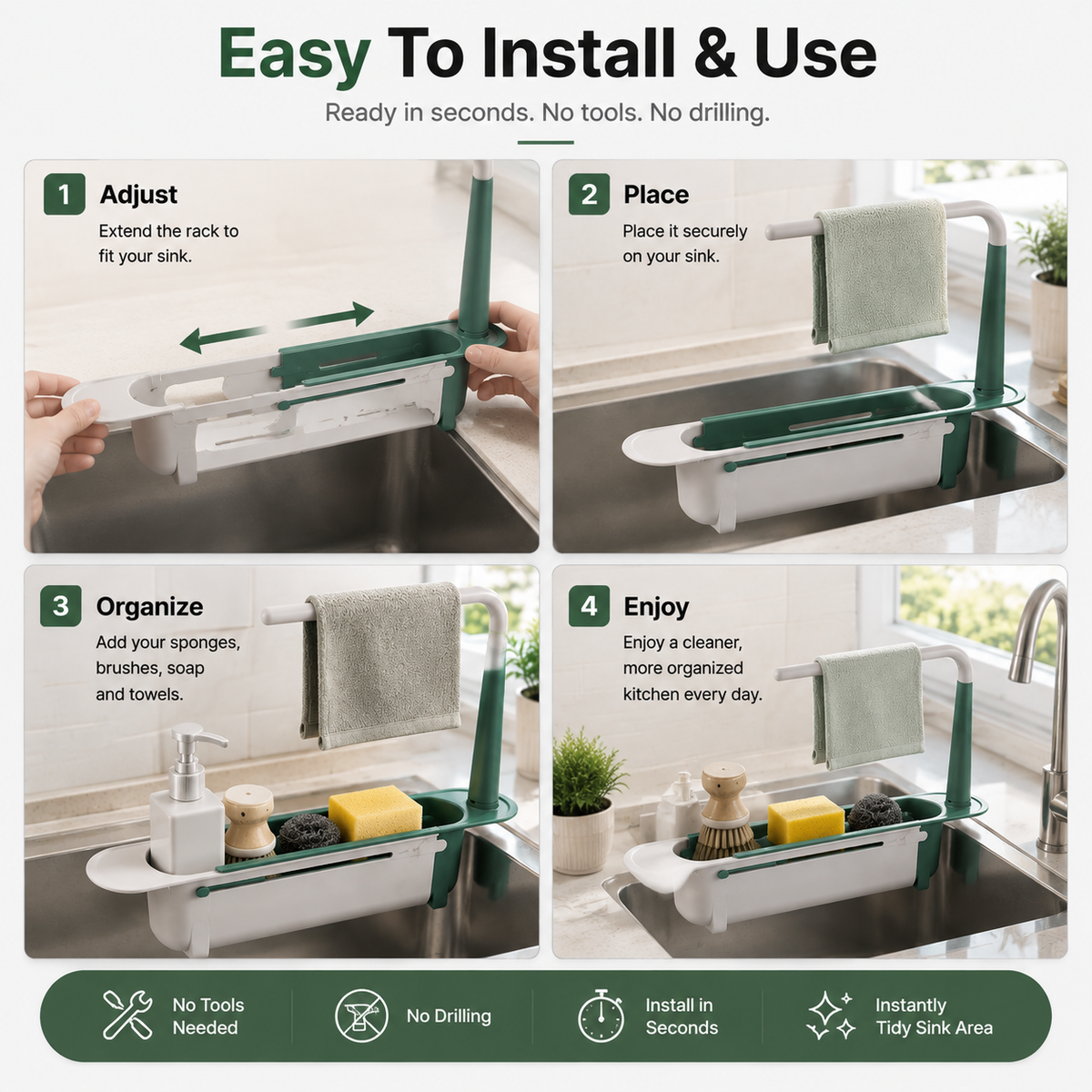 ✨ 49% OFF 🧽 Adjustable Kitchen Sink Organizer – Sponge & Towel Holder for a Clutter-Free Sink