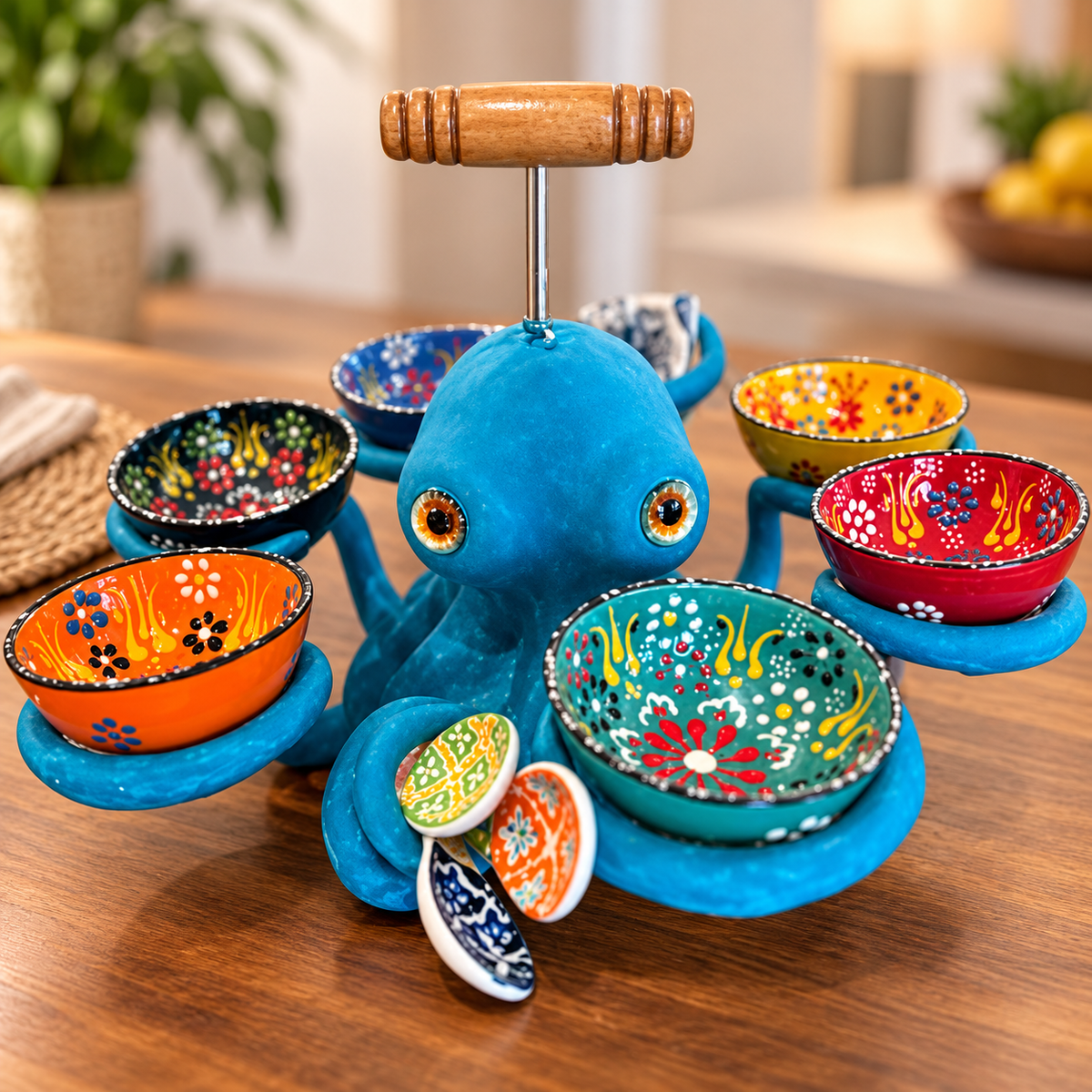 🐙 Handmade Coastal Octopus Snack Server & Divided Dip Bowl Tabletop Centerpiece 🍿