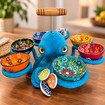 🐙 Handmade Coastal Octopus Snack Server & Divided Dip Bowl Tabletop Centerpiece 🍿