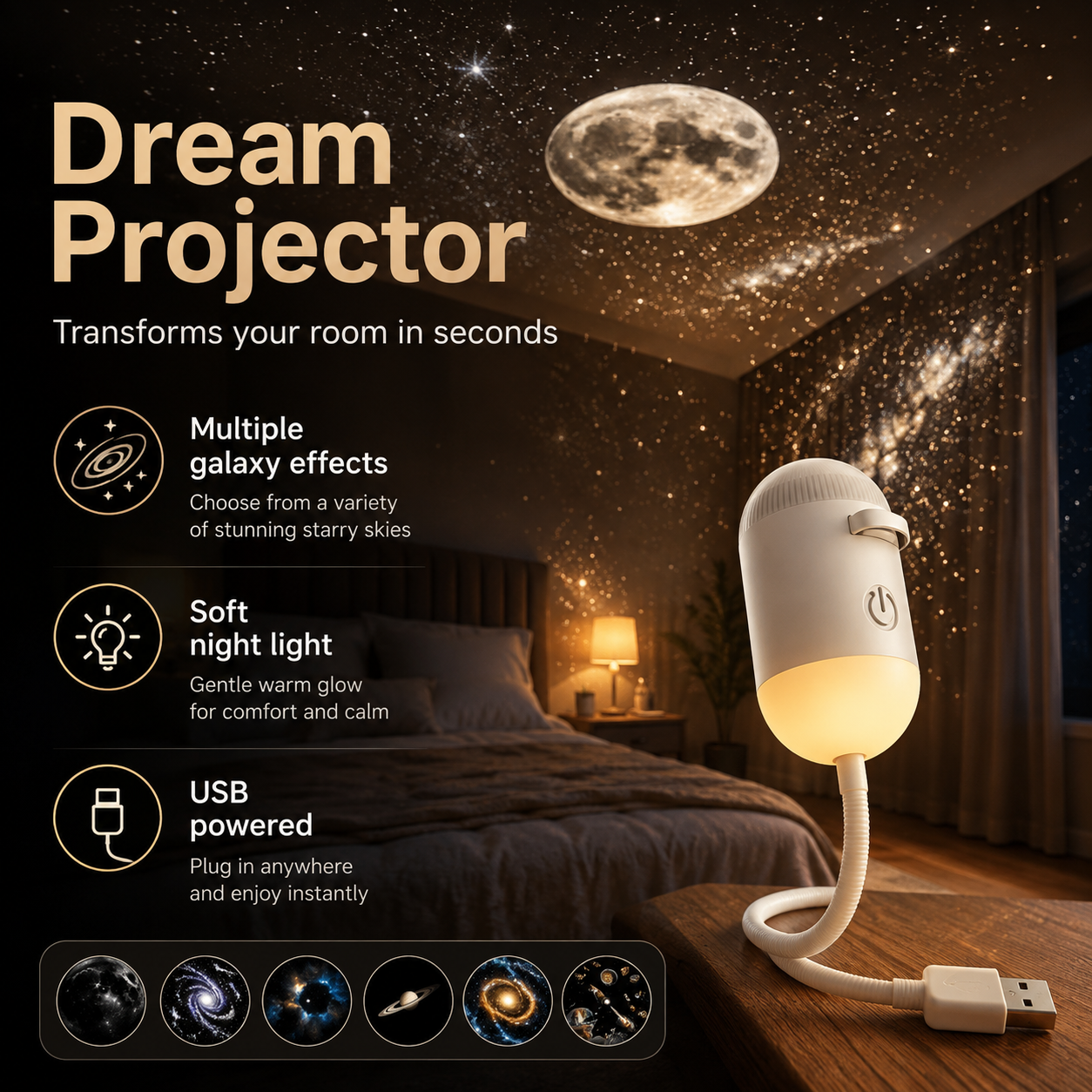 USB Galaxy Star Projector Night Light with Multiple Effects