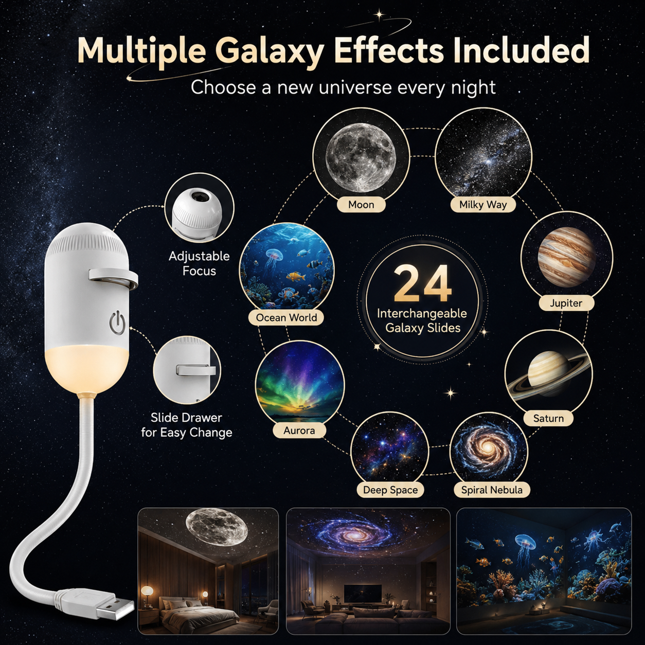 USB Galaxy Star Projector Night Light with Multiple Effects
