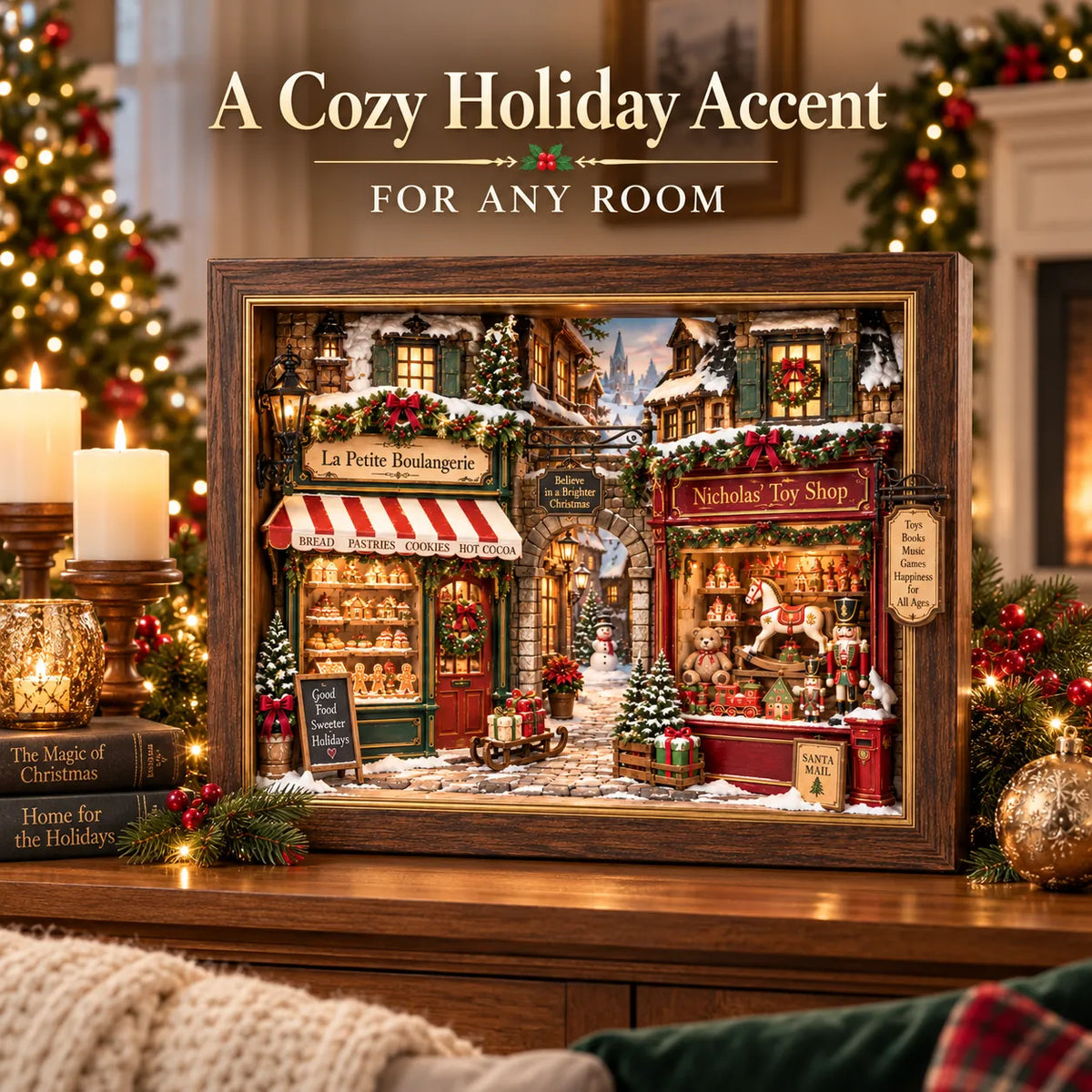 🎄 Old World Christmas 3D Wooden Shadow Box Snowy Village Holiday Keepsake Decor 🎁