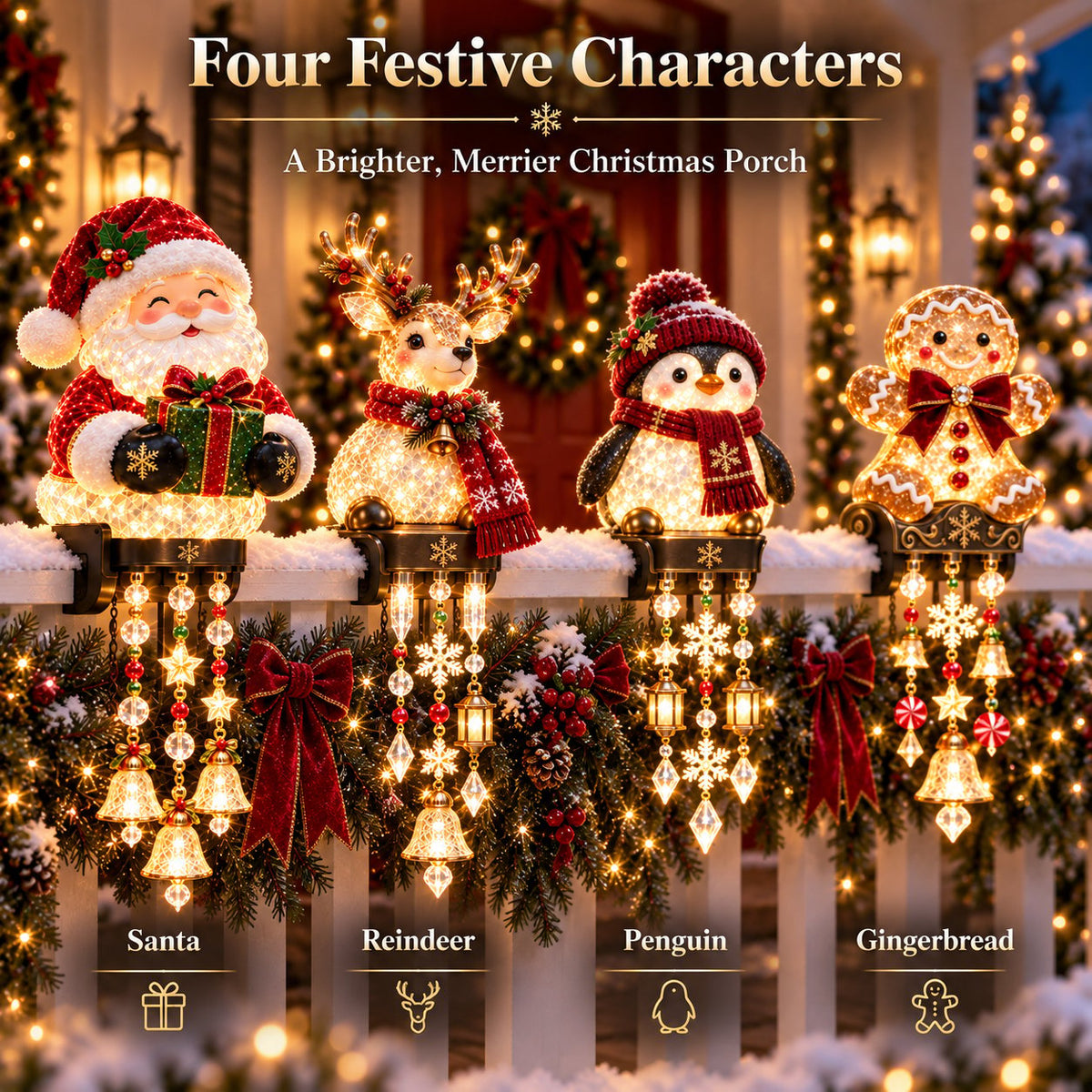 ✨ Lighted Christmas Porch Railing Hanging Characters with Cascading LED Ornaments 🎄