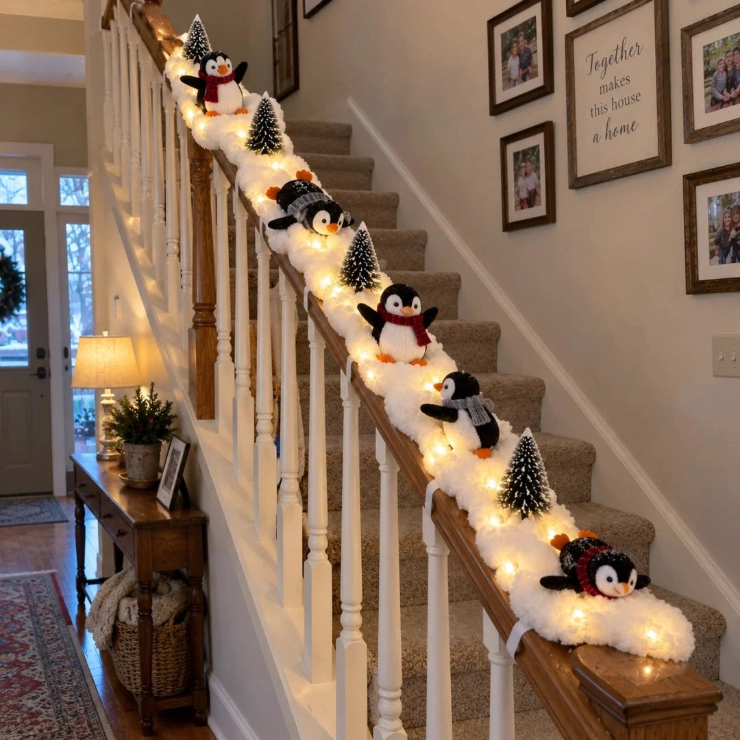 🐧 5-Piece Lighted Penguin Christmas Staircase Railing Decoration with Snowy Trees 🎄