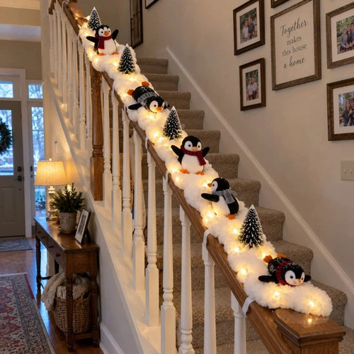 🐧 5-Piece Lighted Penguin Christmas Staircase Railing Decoration with Snowy Trees 🎄