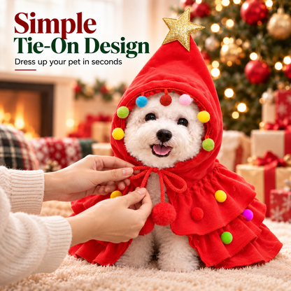 🎄 Christmas Tree Pet Cape Costume with Gold Star & Pom-Poms for Dogs & Cats 📸